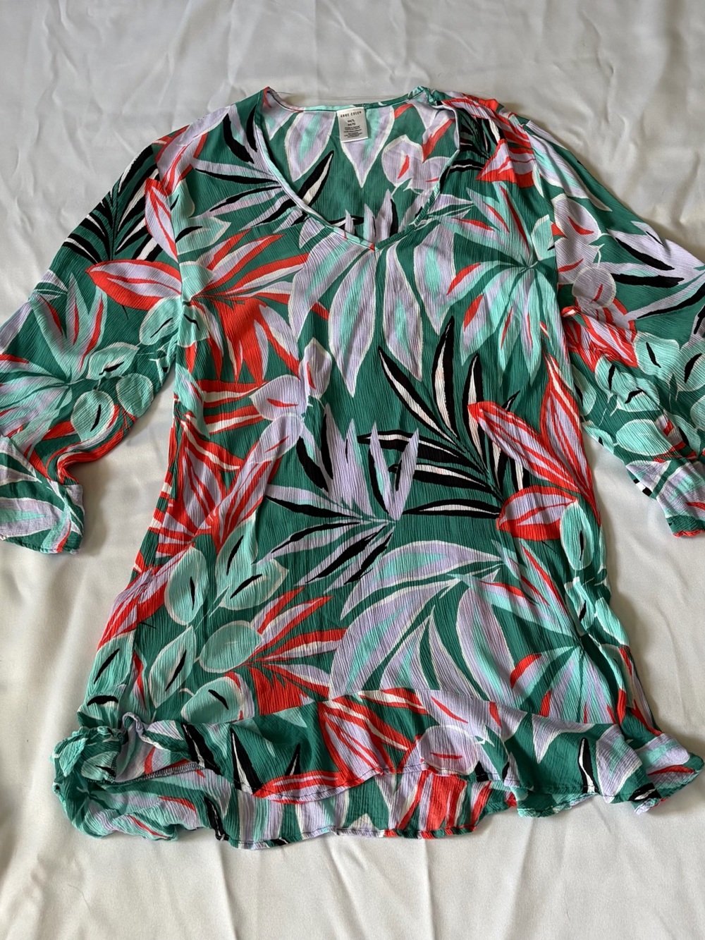 Anne Cole Green Tropical Print V-Neck Swim Cover up dress with floral print M L